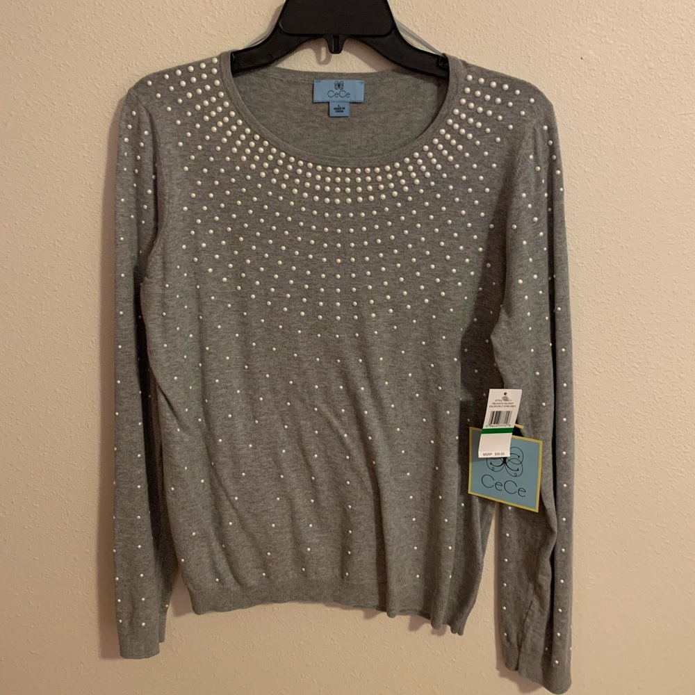 NWT CeCe Light Grey and Pearl Spring Sweater L
